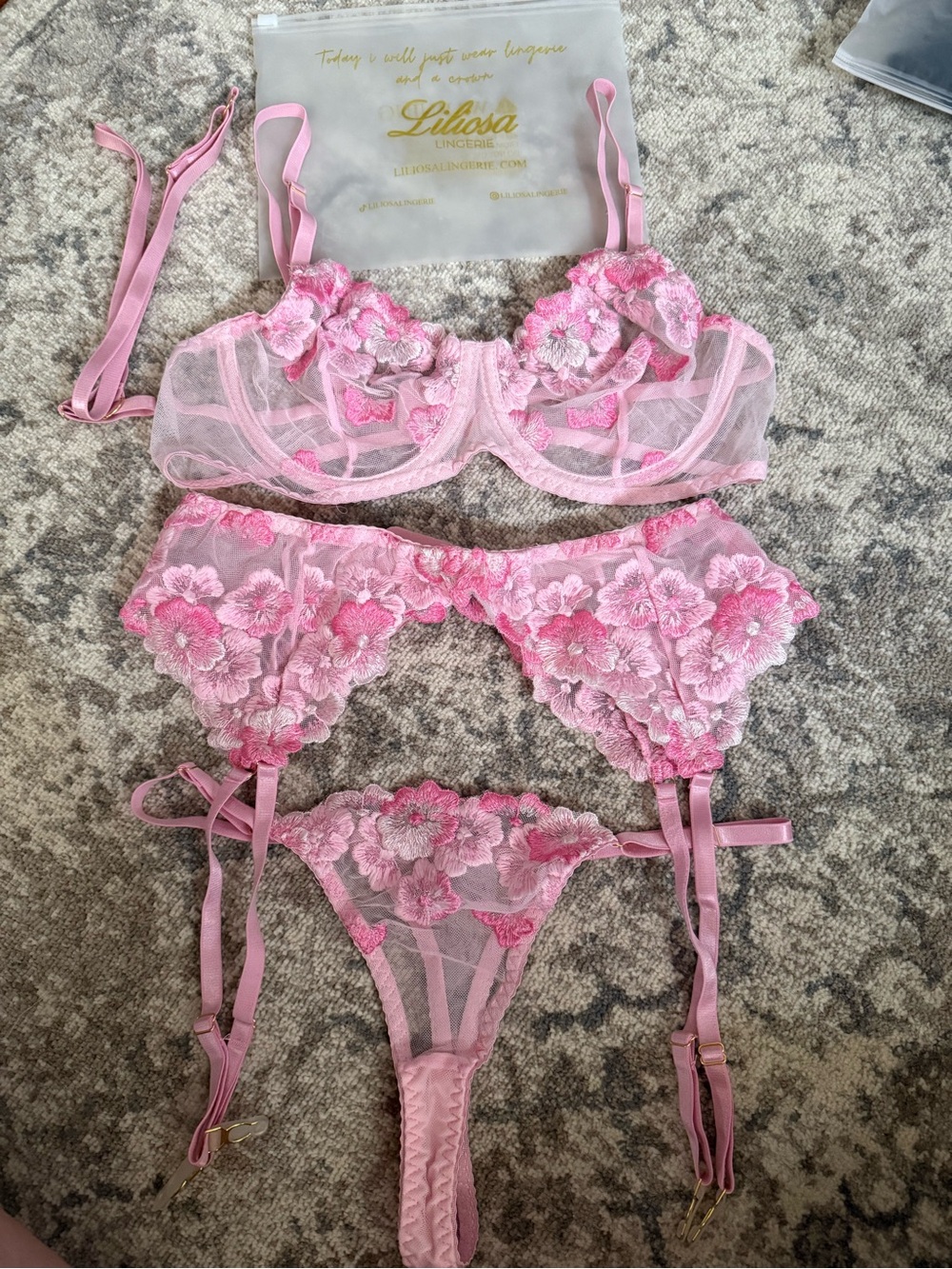 Liliosa Pink Floral Lace Bra, Garter Belt & Thong Set